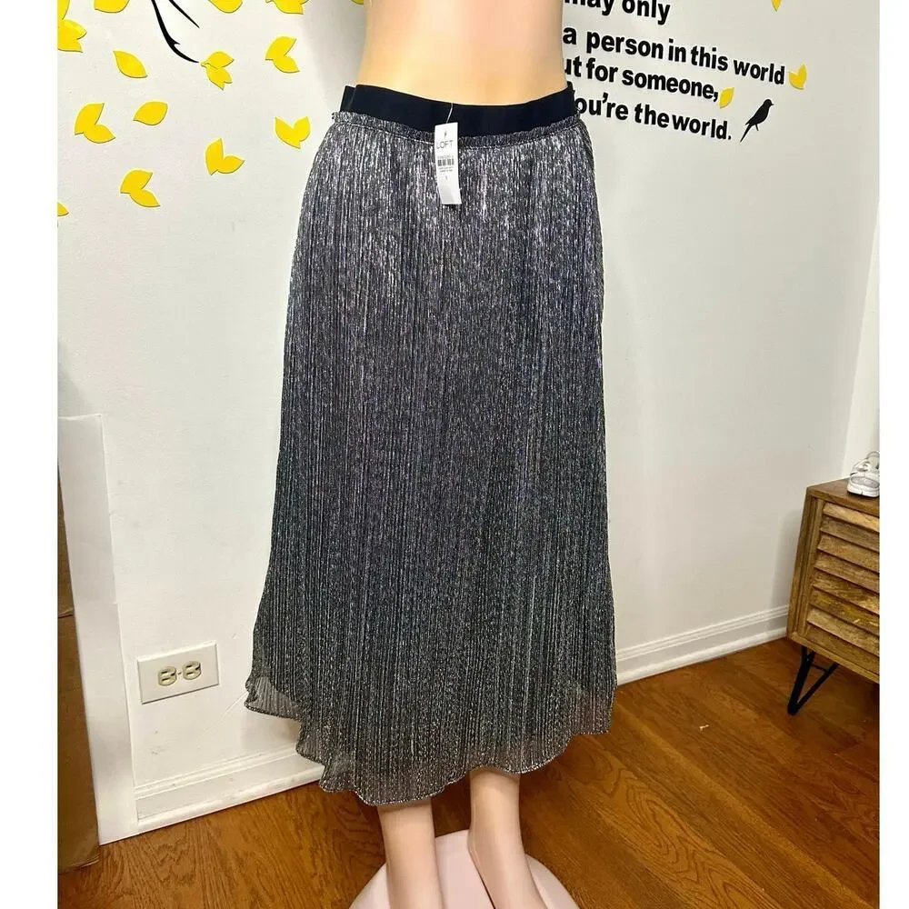Loft Women’s Velvet‎ Waist Shimmer Crinkle Lurex Metallic Midi Skirt Size Small